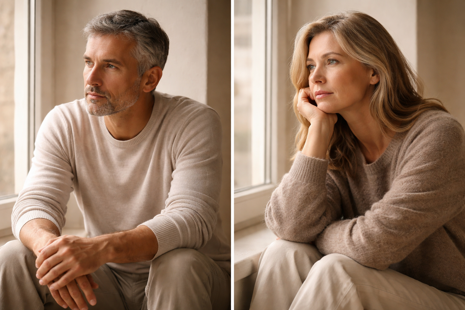 Deux adultes échangent calmement dans un intérieur lumineux
